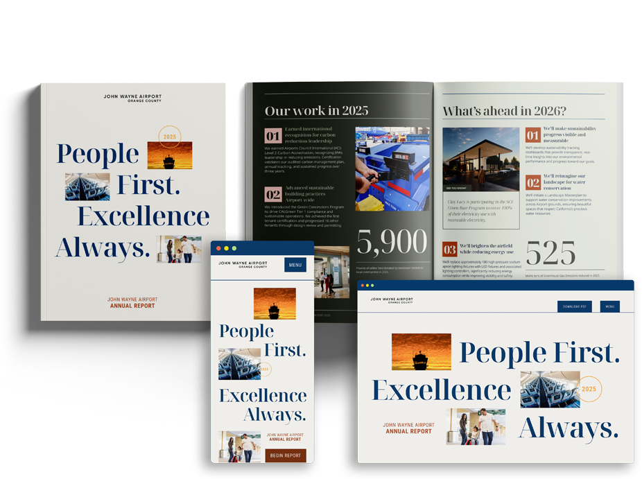 John Wayne Airport annual report shown as print cover, interior spread, desktop and mobile web report